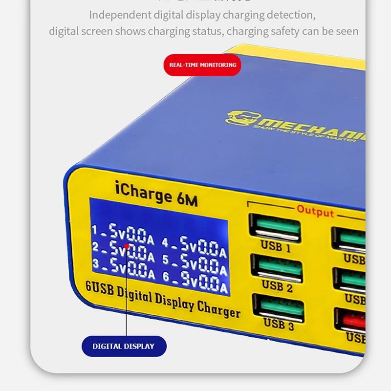 Imagem -05 - Mecânico Icharge 6m qc 3.0 Usb Carga Inteligente Suporte de Carregamento Rápido com Display Digital Lcd Multi-port Carregador para Tablet Telefone