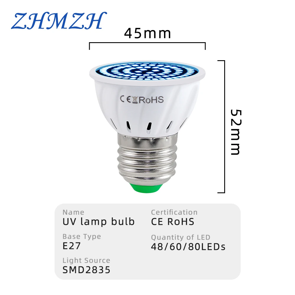 ZHMZH 48 60 80 LEDs UVA Sterilizing Lamp Bulb Ultraviolet Germicidal Light Desinfection Bulb E27 110 220V 365nm UV Bulb