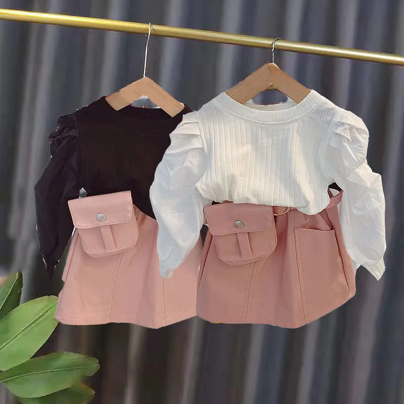 

Girls Puff Sleeve T-shirt Spring New Children's PU Leather Skirt Baby Wearing Knitwear Kid's Bottoming Shirt Spring Autumn