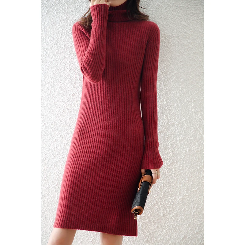 2021 New High Quality 100% Wool Sweater Dress for Women Knee-length Solid Color Turtleneck Pullover Straight Cozy Slim Dresses