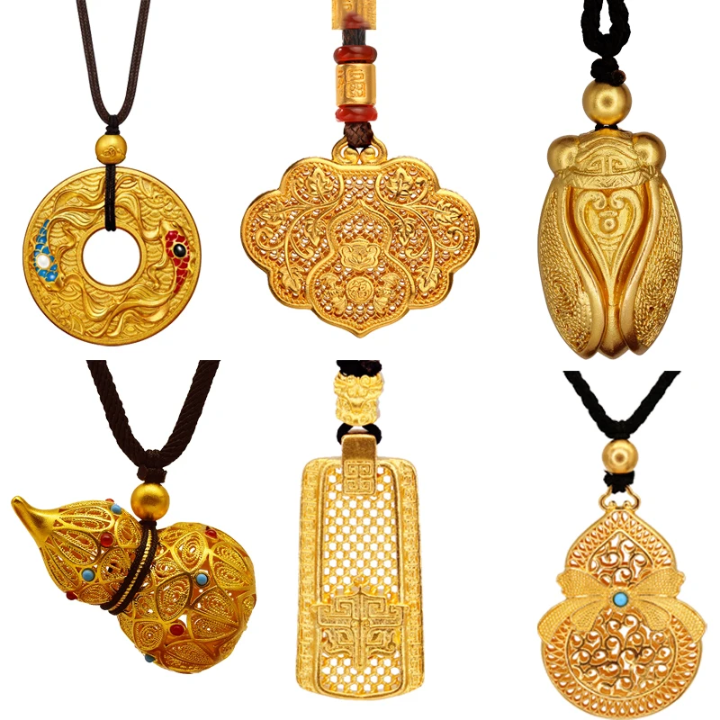 Original Chinese traditional pendant Unique ancient gold craftsmanship hollowed out luxury charm men and women silver jewelry