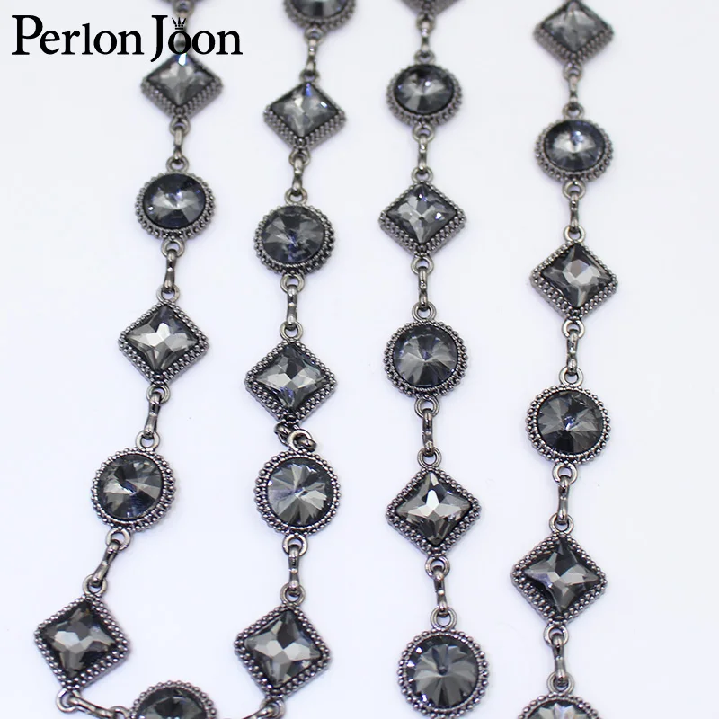 1 yard black round diamond glass arrangement trim metal chain stitched on shoes, bag decoration accessories ML133