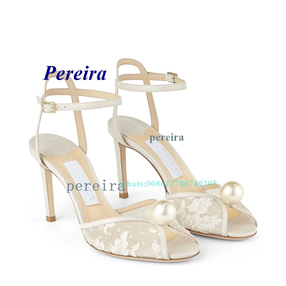 Peep Toe Mesh fibbia cinturino sandali Stiletto pizzo perla tacchi alti eleganti scarpe da festa da donna scarpe estive da donna vendita calda Sexy