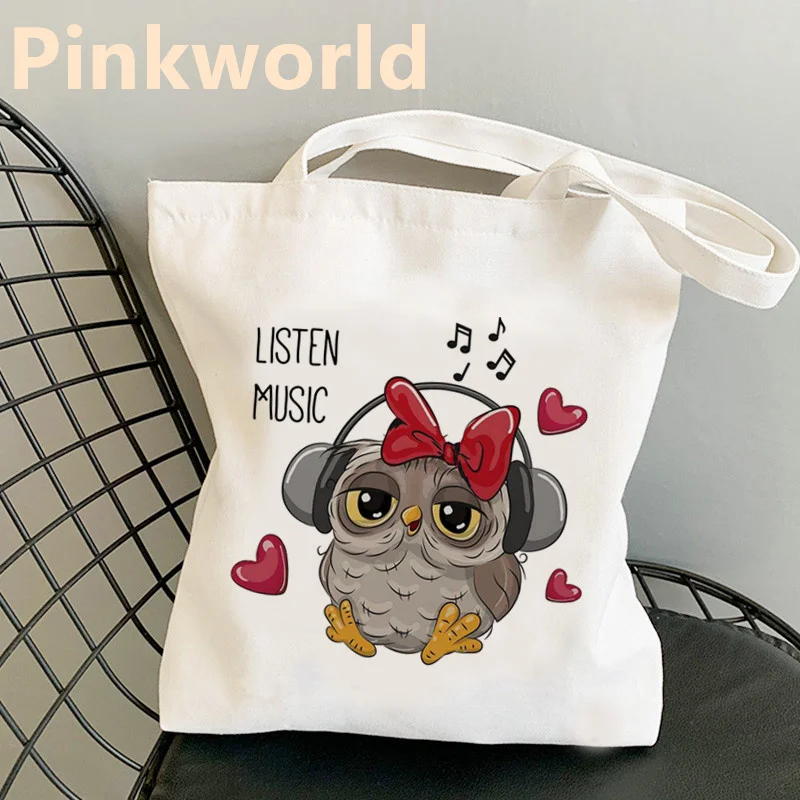 Bolso de lona con estampado de búho para mujer, bolsa de hombro, color blanco y negro, Harajuku