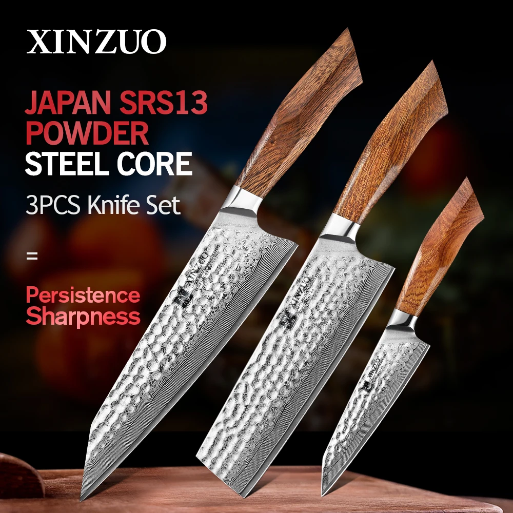 

XINZUO 3Pcs Knife Set with Exquisite Acacia Wood Gift Box SRS13/R2/SG2 Damascus Steel Core Blade Kitchen Meat Nakirir Knives