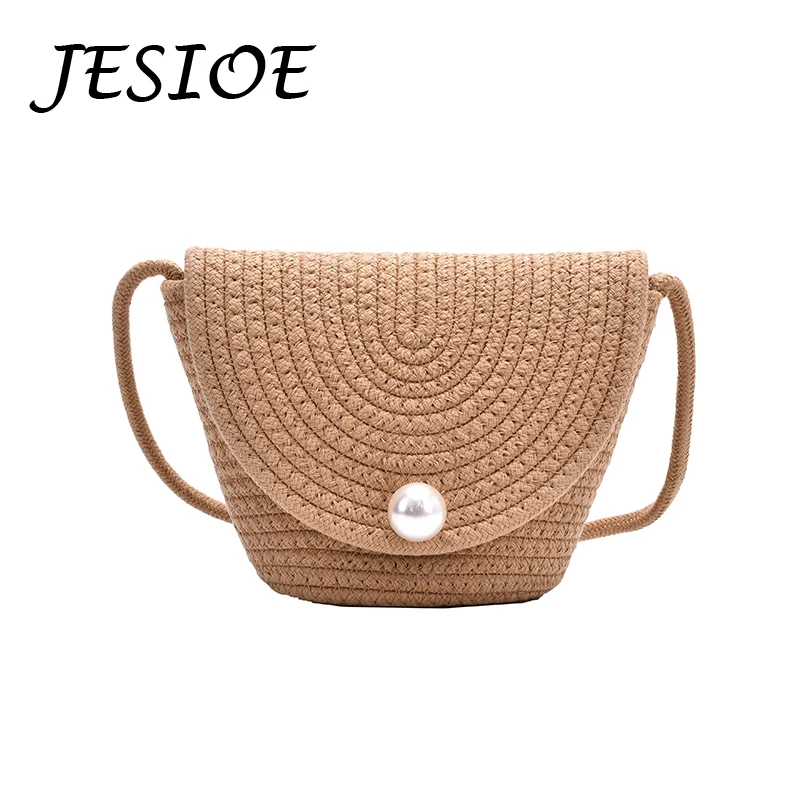 Women Fashion Pearl Crossbody Bag Lady Elegant Small Straw Handbag Buckets for Female Summer Holiday Beach Casual Shoulder Bag