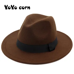 YOYOCORN moda zimowa wełniany kapelusz Fedora dla kobiet Chapeau czarne czapki dla mężczyzn prosty szeroki rondo jesień kobieta modny Top czapka jazzowa