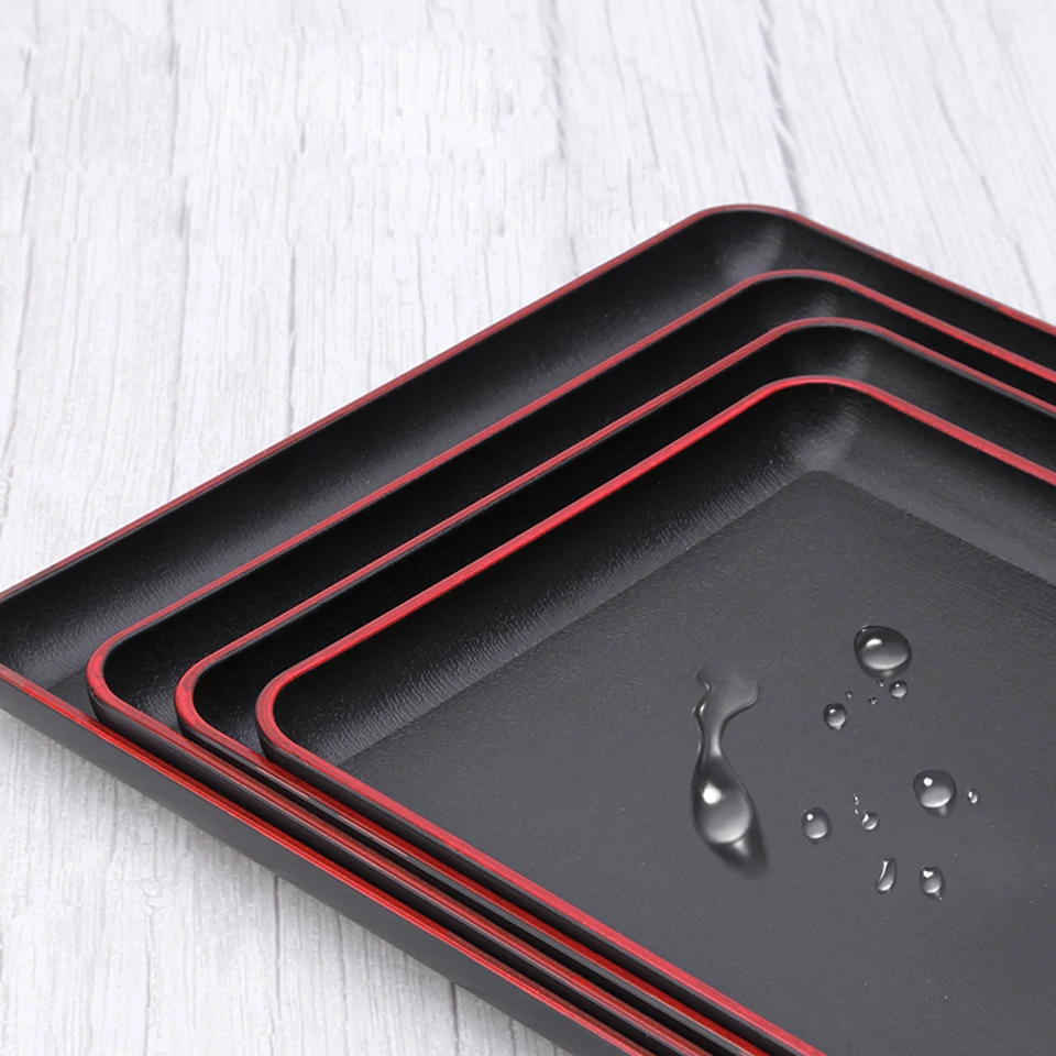 Japanese Tray Sushi Plate Melamine Imitation Porcelain Dinner Plate Rectangular Black Red Edge Hotel Guest Room Storage Tray