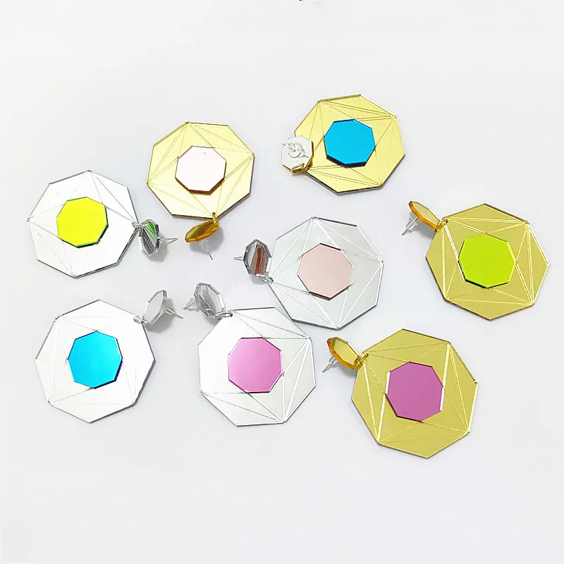 Octagon Geometric Earrings for Women Acrylic Gold Silver Color Mirror Green Blue Pink Classic Trendy Fashion Jewelry