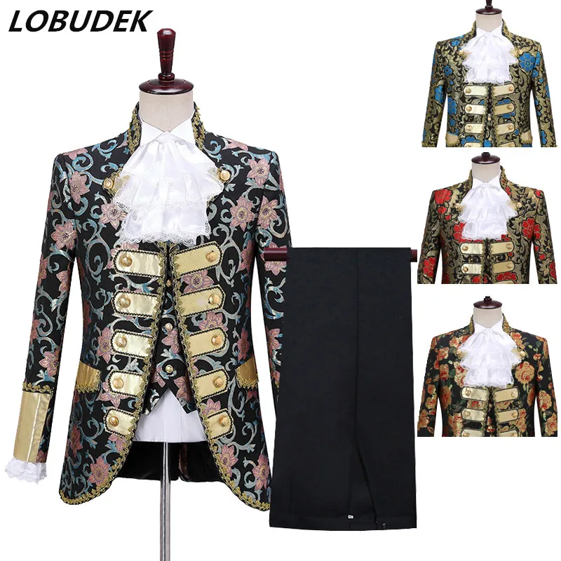 European Style 3 Pieces Vintage Court Dress Drama performance Jacquard Suit Men Wedding Groom Blazer Vest Pants Sets Stage Suit