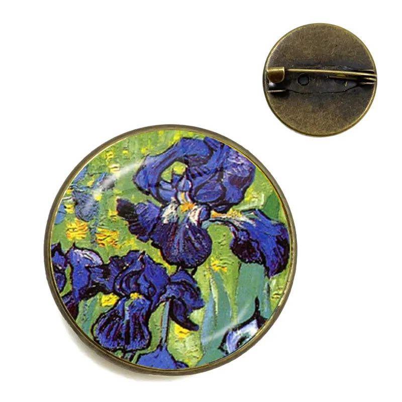 Van Gogh Sunflowers Art Vintage Bronze Brooch 20mm Glass Cabochon Dome Collar Pins Jewelry Badge For Women Men Kids Gift