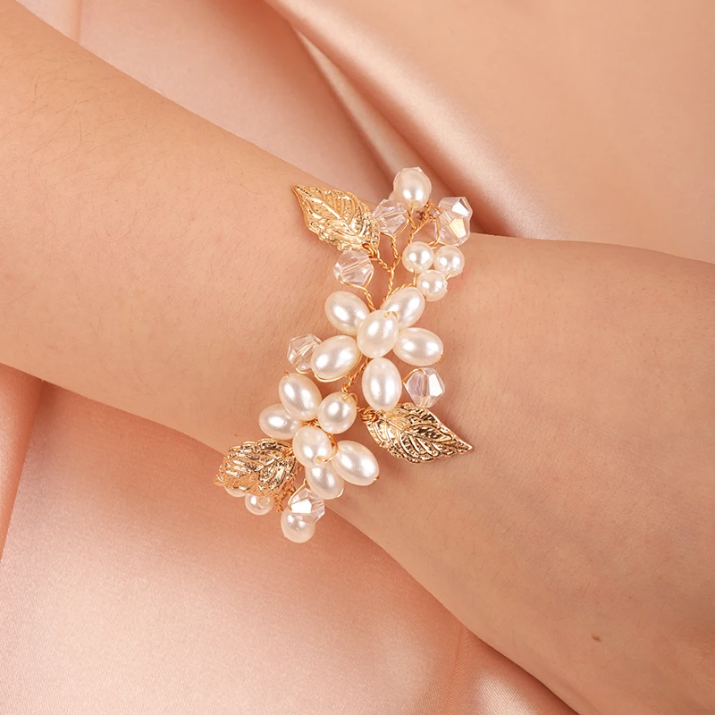 Bridal Pearl Flower Bracelet Trendy Crystal Vintage Silver Gold Simple Wedding Bracelets Brides BridesmaidJewelry for Women