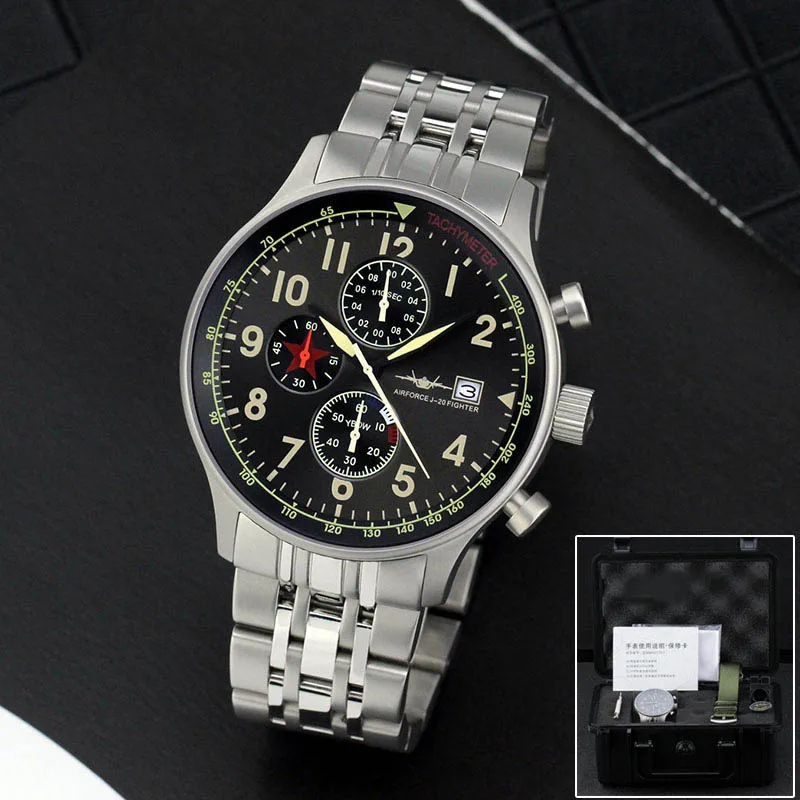 43mm Classic F-20 Army Quartz Watch Chronograph Waterproof Luminous Calendar Stainless Steel Sapphire Glass Fashion Mens Watch