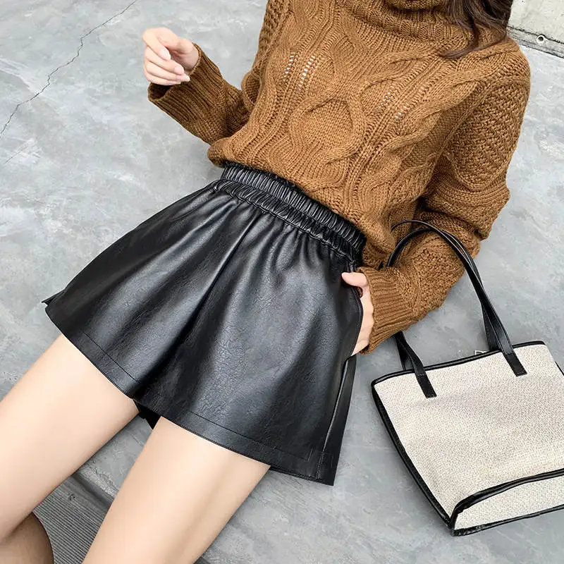 

Elastic High Waist Wide Leg Biker Shorts Autumn PU Leather Shorts Women Streetwear Loose Casual Ladies Shorts Black Pink C7731