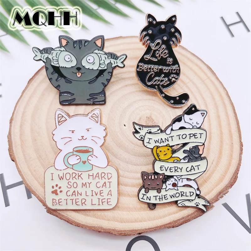 Cartoon Fun Animal Cat Enamel Pins Love Drinking Water Eating Fish Black Cat Back View Brooch Alloy Badge Fashion Woman Jewelry