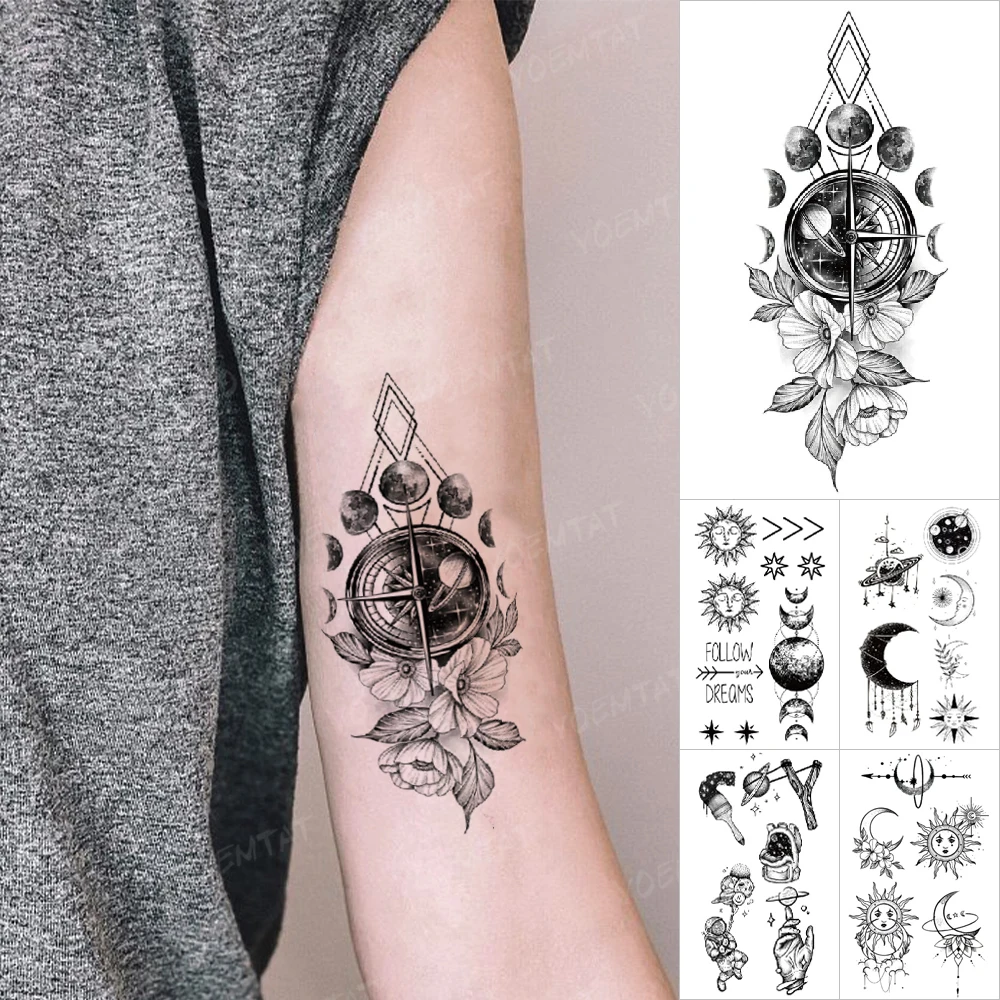 

Transfer Waterproof Temporary Tattoo Stickers Clock Compass Starry Sky Flower Flash Tatto Women Men Body Art Black Simple Tatoo