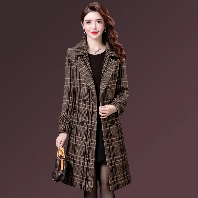 

Woolen Coat Women Windbreaker 2024 New Autumn Winter Jacket Female Thick Lattice Overcoat Long Mother Casual Wool Coat