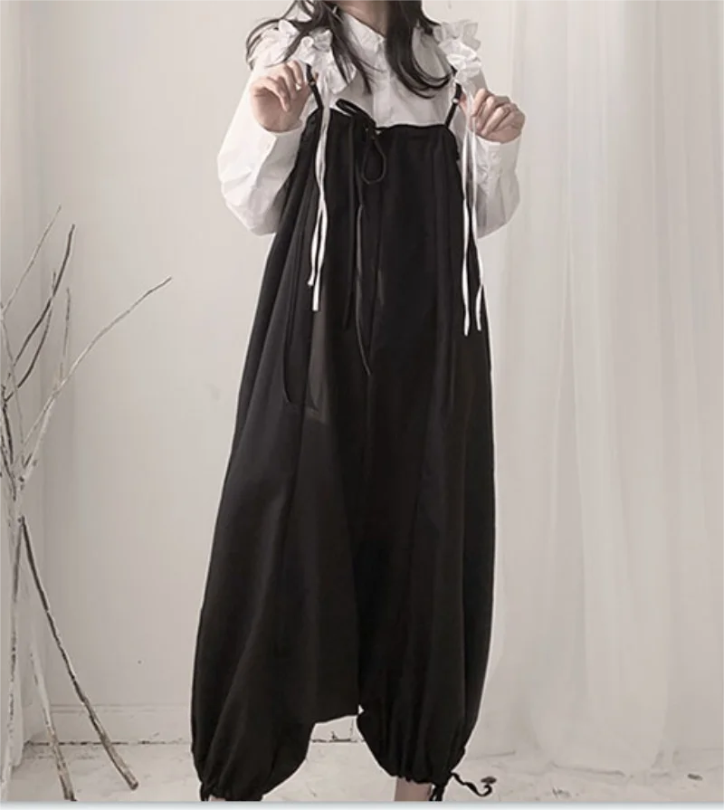 Spring and Autumn women's fashion new pocket design straps jumpsuit trouser leg drawstring black belted low fashion pants