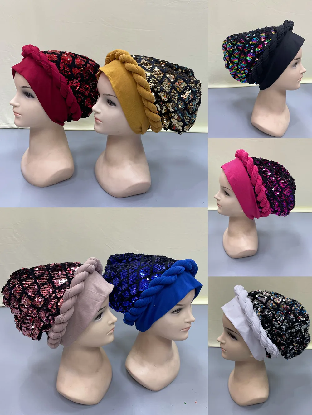 Trendy Muslim Women Sequins Turban Hat Inner Hijabs Bonnet India Wrap Ready To Wear Hijab Cap Islamic Ladies Bandanas 12pcs/pack