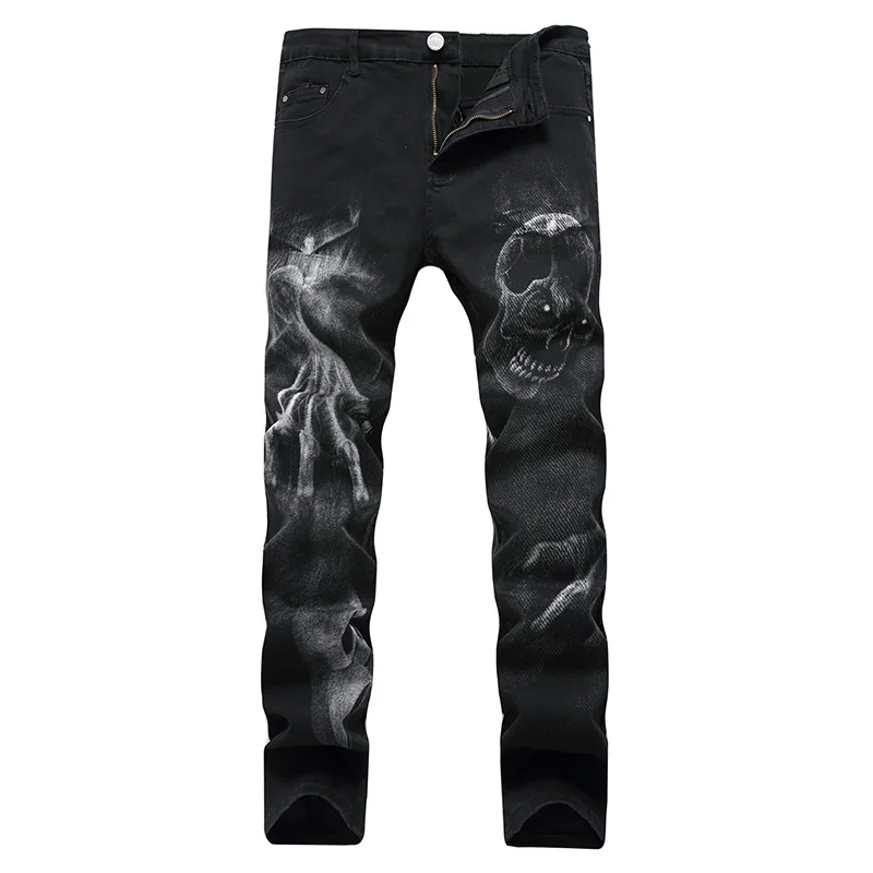 2022 Dark Streetwear Skull Print Punk Men Vintage Slim Jeans Trousers Hip Hop Stretch Cotton Denim Pants For Teens Pantalones