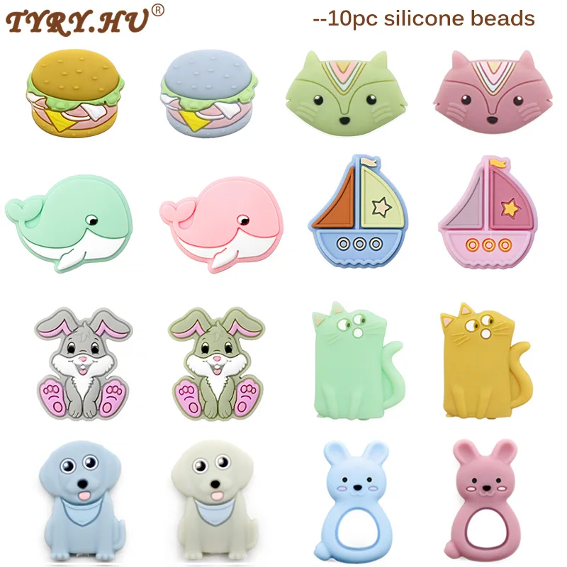 10Pcs Rabbit Cat Silicone Beads Cartoon Tortoise Rainbow Silicone Beads BPA Free Baby Pacifier Chain DIY Accessories Teether