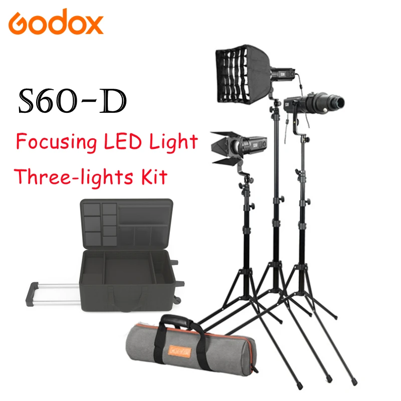 NEW Godox S60-D 60W Focusing LED Light  Three-Lights Kit Atmosphere Lamp Continuous adjustable Spotlight For Professional Studio