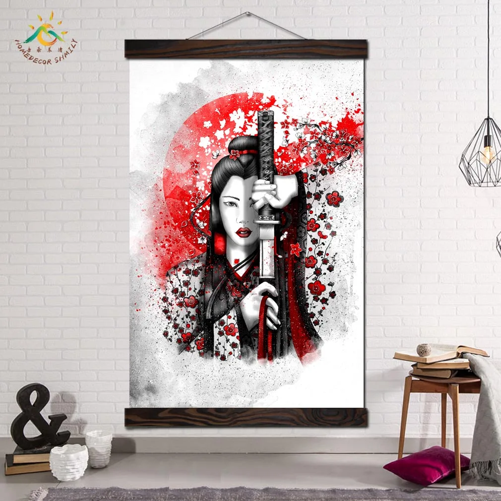 

Japanese Sword Kimono Woman Art Print Poster Classic Scroll Canvas Painting Wall Art Canvas Artwork Pictures for Living Room