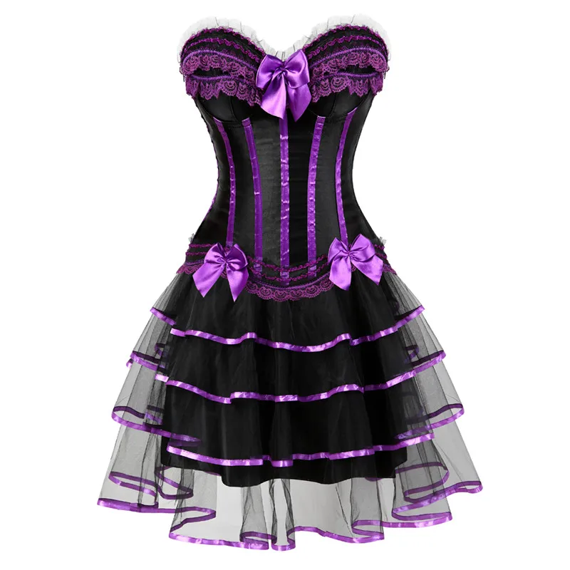 

Women Fashion Sexy Stripe Overbust Corset and Lotus Leaf Lace Ballet Short Skirt Set Plus Size S-6XL