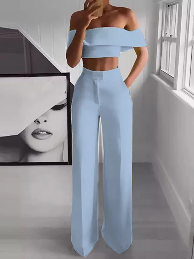 2022 Summer Solid Casual Two Piece Set Women Sexy Short Top Wide Leg Pants Outfits Femme Streetwear Slash Neck Shirt Pant Suit