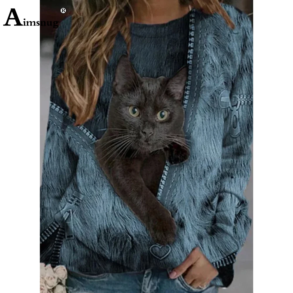 Ladies Elegant Fashion T-shirt Artistic Cats Print Tops Women Tees Clothing 2021 New Autumn Loose Tshirt Femme