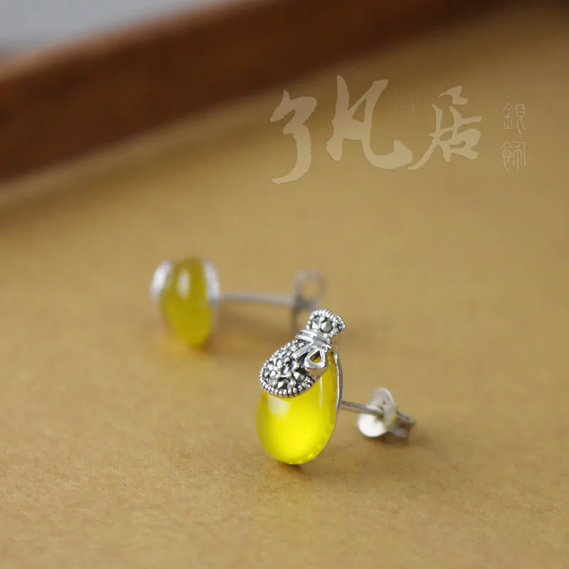 High Quality 925 Sterling Silver Drop Earrings Retro Women Jewelry Natural Stones Yellow Agate Stud Earrings Female Gift 8*14mm
