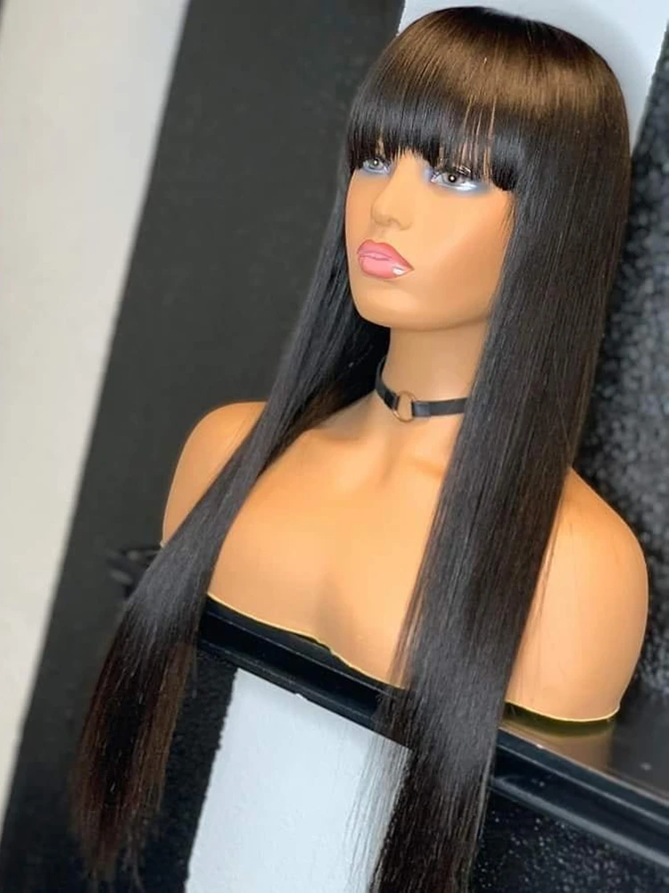 Wig With Bangs Human Hair Short Bob 100% Human Hair Wigs For Black Women Cheap Brazilian Black Straight 28 30 Inch Fringe Wig