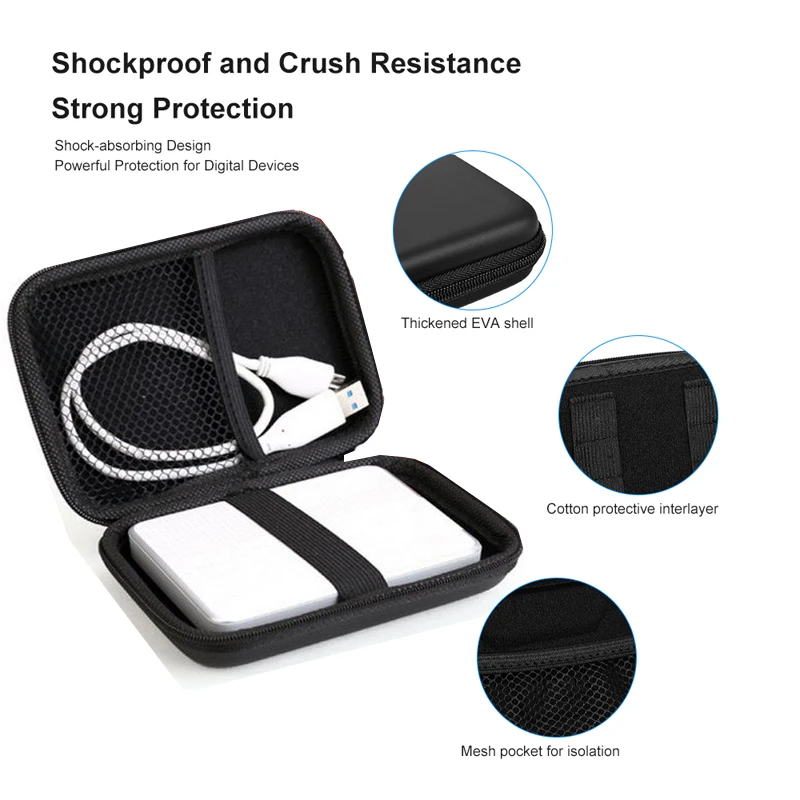 External Storage Hard Case HDD SSD Bag For 2.5 Hard Drive Power Bank USB Cable Charger Power Bank Earphone Headphone Cases Black