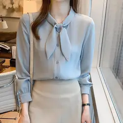 Elegante Boog Kraag Solid Chiffon Shirts Fashion Office Lady Truien Blouses 2022 Lente Herfst Nieuwe Commuter Vrouwen Kleding