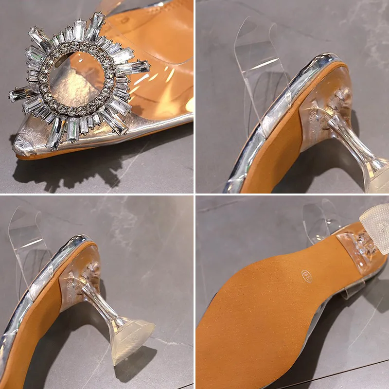 Summer Women Transparent Crystal Sandals Jelly Shoes Woman Pointed Toe High Heels Ladies Fashion Slip On Casual Female Footwear