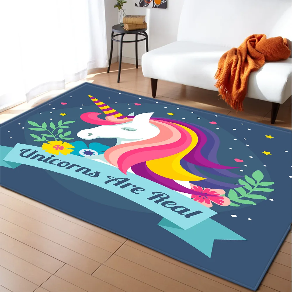 

Cute Cartoon Unicorn 3D PrintIng Mats Child Room Play Area Rugs Soft Flannel Memory Foam Girl Room Crawl Carpets for Living Room