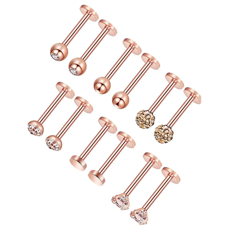 12PCS Stainless Steel Labret Piercing 16G Lip Ring Crystal Lip Helix Piercing Tragus Earring Cartilage Stud Body Pircing Jewelry