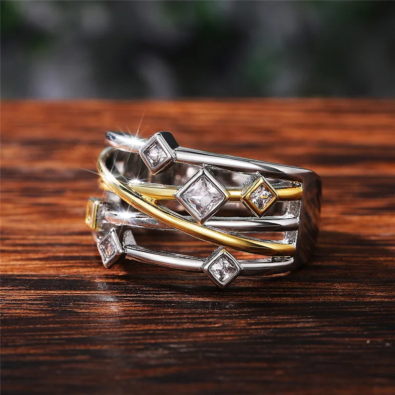 Huitan Geometric Shaped Women Finger Rings for Wedding Party Hollow Out Design Cross Shaped Statement Accessories Female Jewelry