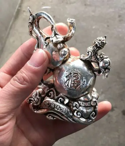 Hand carved Silver Miao statue, gourd and wishful Ganoderma lucidum