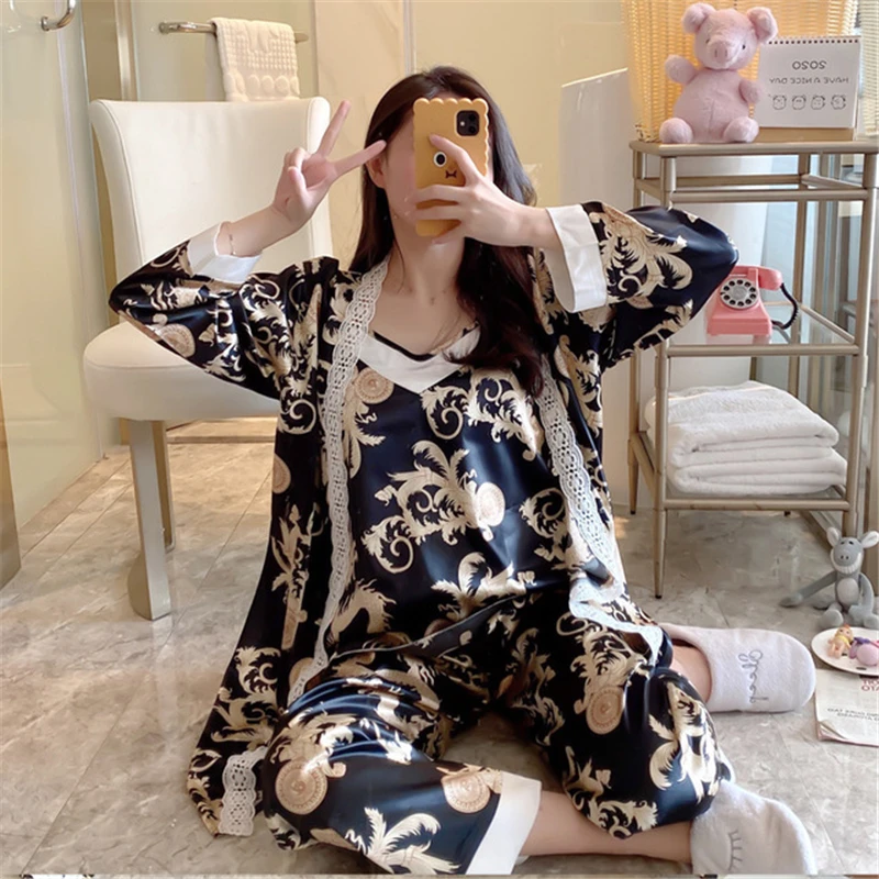 Nightgown Set 2020 Autumn new arrival Long Sleeve Fashion Print Black Three-piece Homewear Set with Chest Pad bride robe пижама