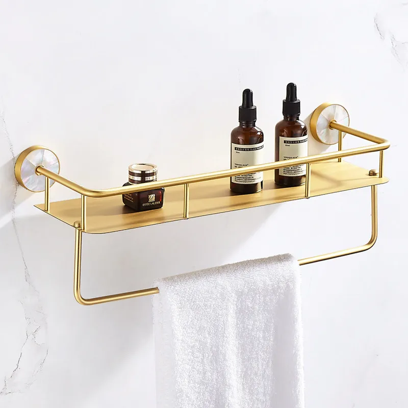 

Brass Gold Bathroom & Kitchen Shelf Shower Shampoo Soap Cosmetic Rack With Towel Bar Bath Storage Organizer Holder 44CM