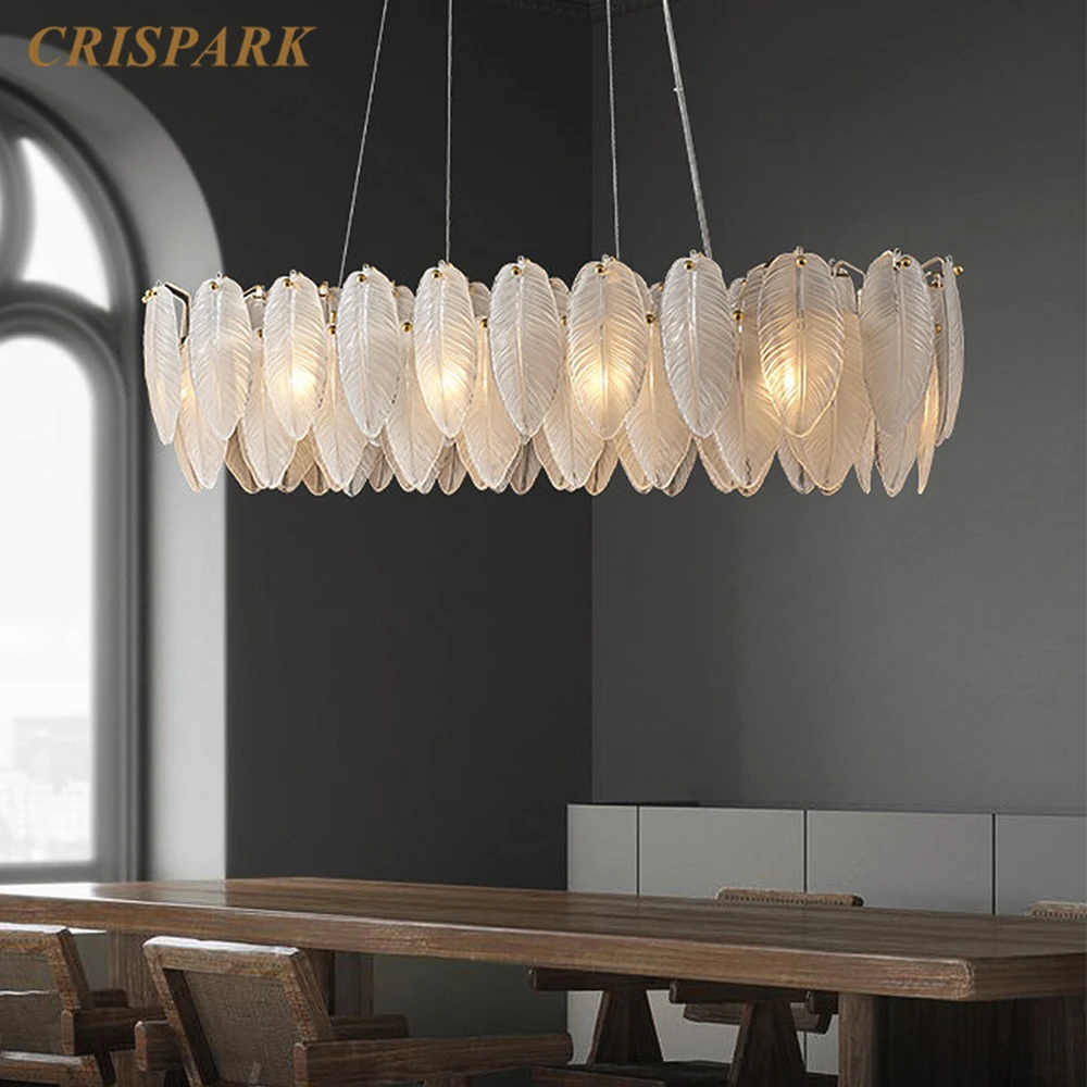 Modern Rectangular Chandelier Lighting LED Luxury Glass Feather Dining Room Suspension Chandelier Home Decor Kitchen Island Lamp