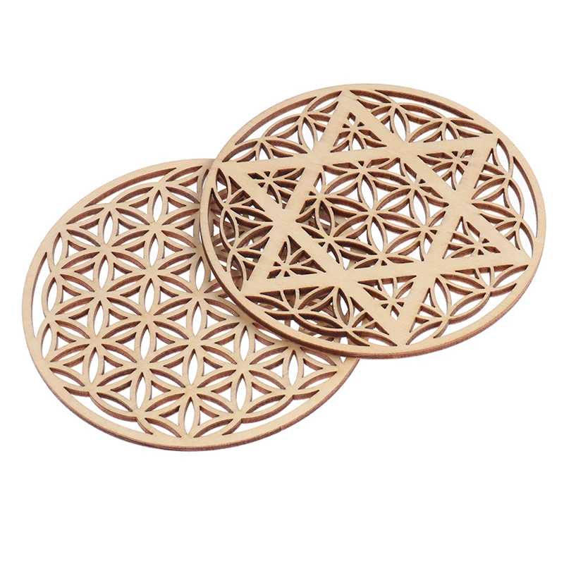 1PC Chakra Flower Of Life Natural Symbol Wood Round Edge Circles Carved Coaster For Stone Crystal Set Home Kitchen DIY Decor