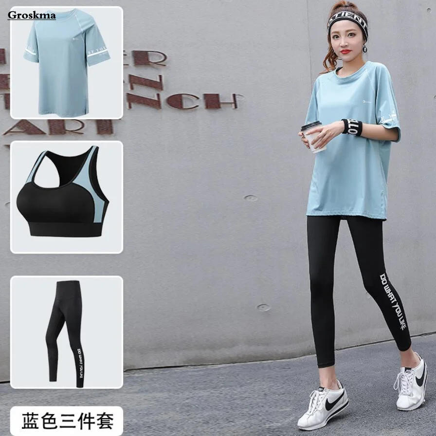 

Breathable Quick Dry Women Sets Fitness Gym Loose T Shirt+Bra+Leggings Sports Running Suits Plus Size Roupas Femininas