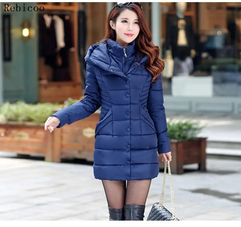 

Women thick Long Sleeve Jacket Winter Slim blue Coat Single Breasted Parkas Female Outerwear