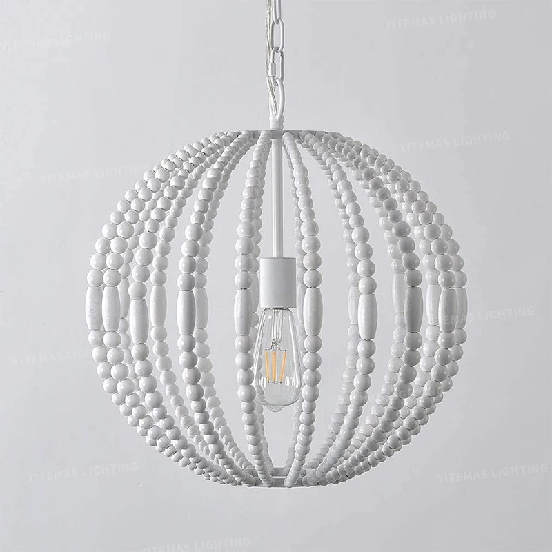 White Wooden Beads Chandelier Shinning Modern Single Pendant Chandeliers Dining Room Kitchen Hanging Lighting Suspension Nordic