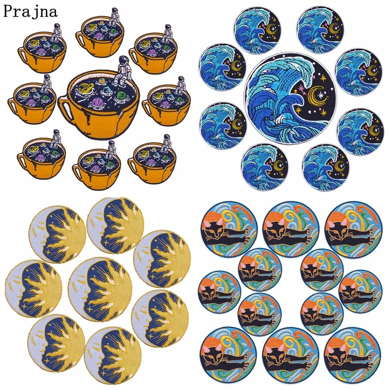 Prajna 10PCS Wholesale Van Gogh Waves Applique Embroidered Patches On Clothes Space Patch Iron On Patches For Clothing Stickers