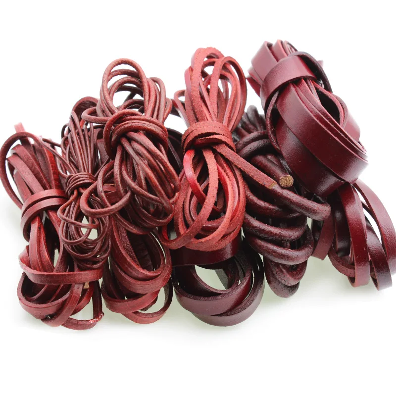 2M 2 3 4 mm Retro Red Brown Genuine Leather Round Flat Leather Cord Rope String for DIY Leather Bracelet Jewelry Making Findings