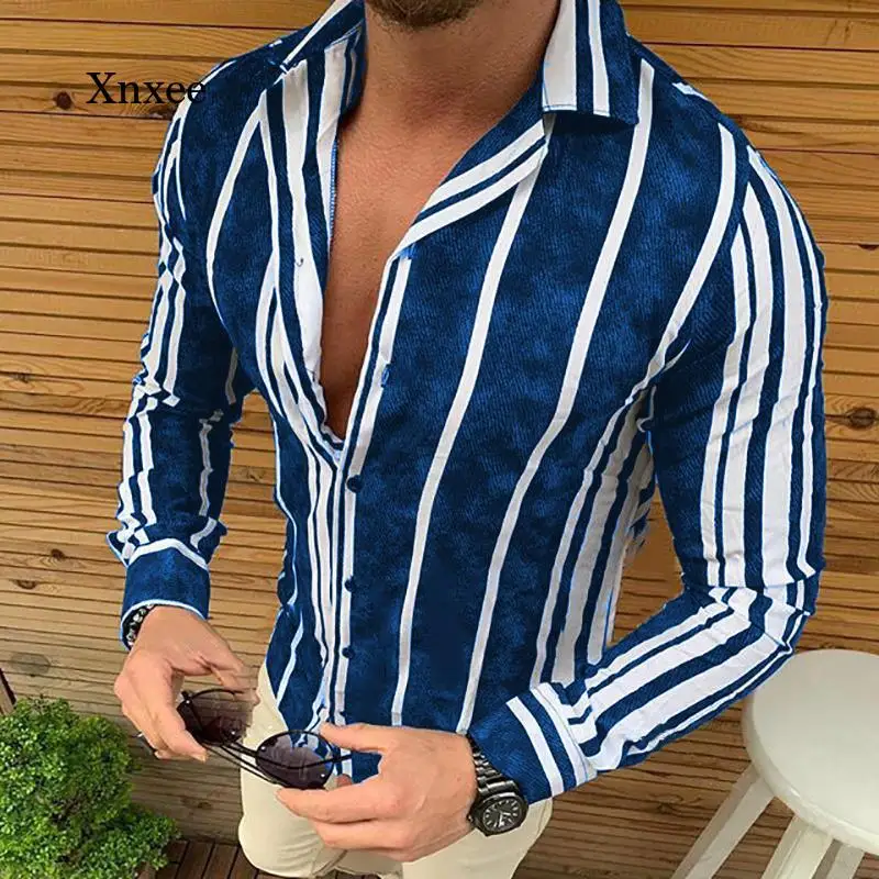 Lente En Herfst Mannen Grote Maat Casual Shirt Gestreepte Decoratie Single-Breasted Revers Lange Mouwen Ademende Fashion