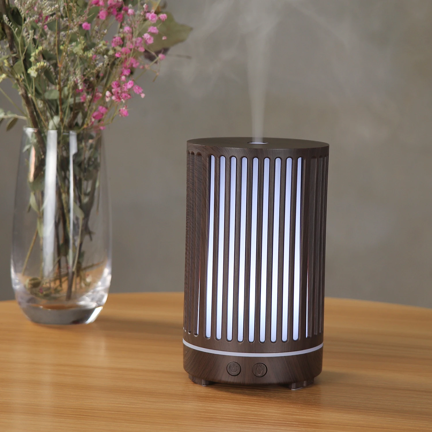 Nowy styl 200ml ziarno drewna 200ML rozpylacz do aromaterapii ultradźwiękowy Mini nawilżacz rozpylacz zapachów z 7 diodami LED